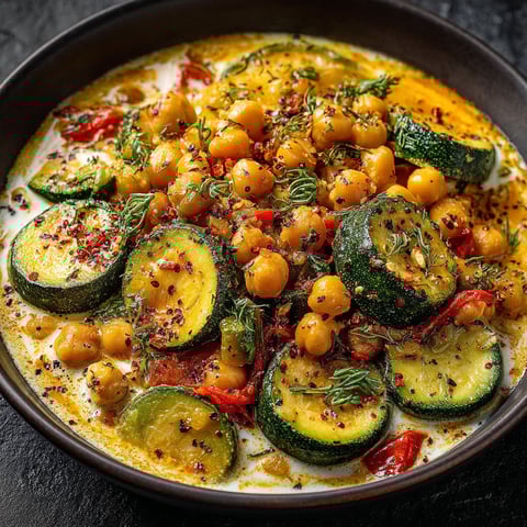Une recette de curry de courgettes et pois chiches est servie dans un bol.