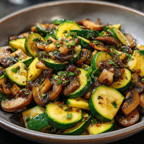 Une assiette de courgettes et champignons sautés, avec une sauce et des herbes fraîches, est servie dans un bol.