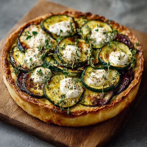 Une tarte aux courgettes et au chèvre, servie sur un plateau de bois.