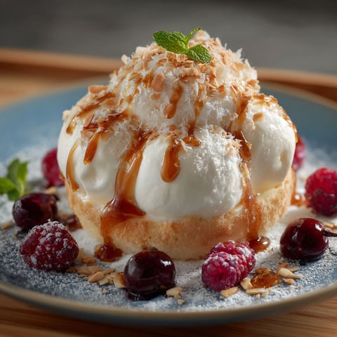 Une île flottante sucrée et garnie de fruits rouges et de sauce caramel.