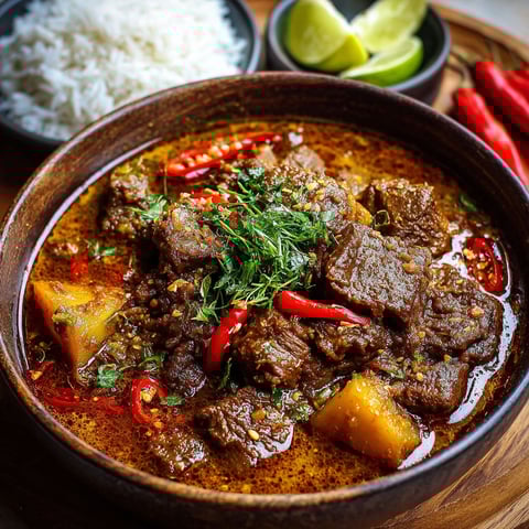 Une recette de viande de boeuf est servie dans un bol en terre cuite.