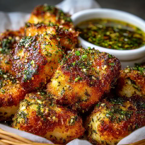 Une assiette de nuggets de poulet avec une sauce herbée.