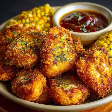 Une assiette de poulet frit avec des légumes et sauce.