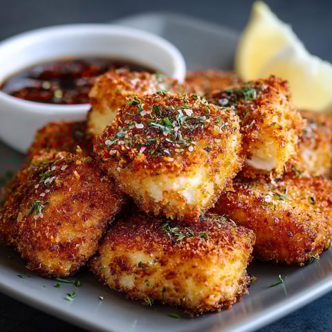Une assiette de Nuggets de Poisson Croustillants, garnis de herbes et sauce, prêts à être mangés.