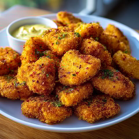 Une plaque de nuggets de poulet croustillants et classiques, accompagnée d'une sauce.