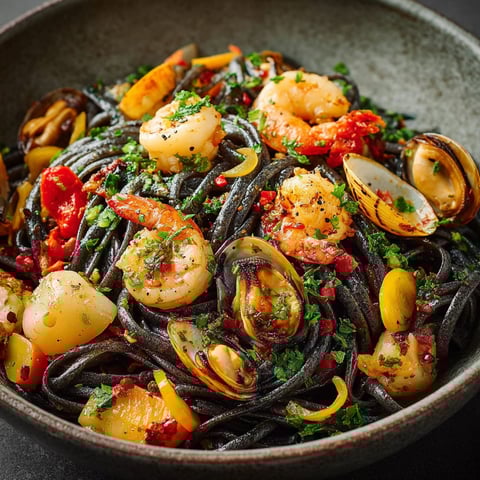Un plat de pâtes à l'encre de seiche et fruits de mer, avec des tomates, des oignons, des clams et des épinards.