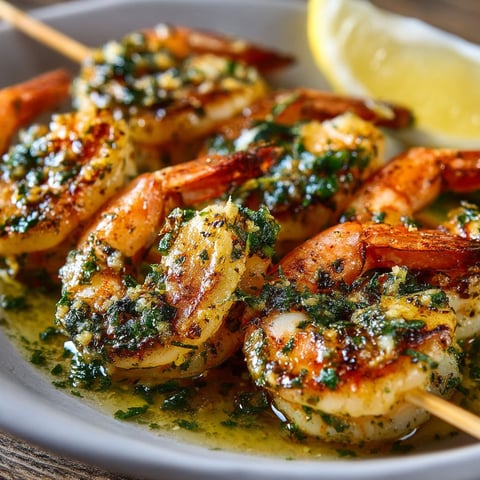 Brochettes de Crevettes au Beurre à l'Ail - Des brochettes de crevettes grillées avec une sauce à l'ail et au beurre, servies sur un plateau.