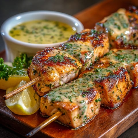 Brochettes de Saumon au Citron - Des brochettes de saumon grillé avec une sauce au citron et des herbes fraîches, servies sur un plateau de bois.