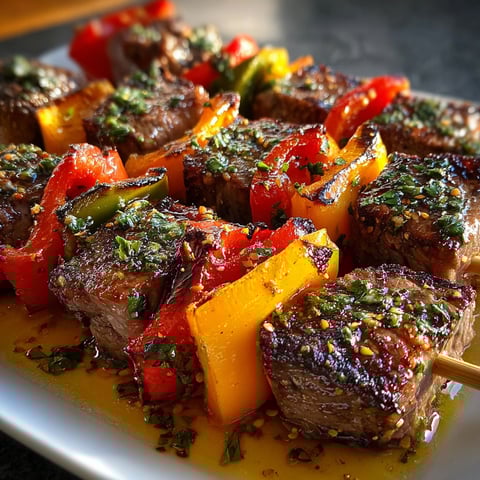 Des brochettes de bœuf et de poivrons, garnies de herbes et de sauce, présentées sur un plateau.