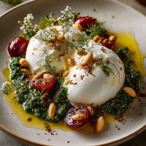 Une plate de burrata hiver zéro cuisson, garnie de fruits rouges et de noix, est servie sur un plateau.