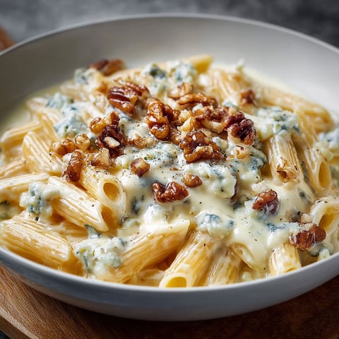 Une assiette de pâtes crémeuses au gorgonzola, avec des noix de cajou et des champignons, est servie sur un plateau.