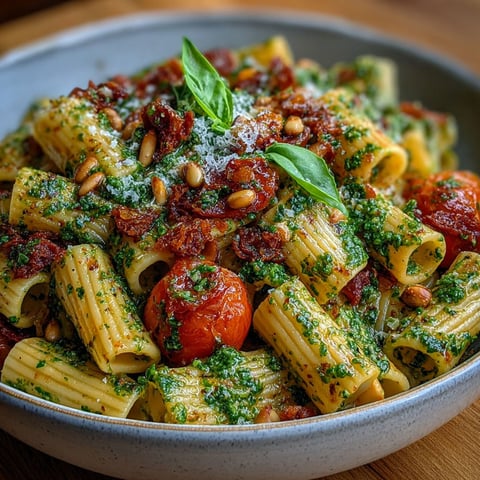 Un plat de rigatoni pesto, tomates confites et pignons, servit sur une table de bois.