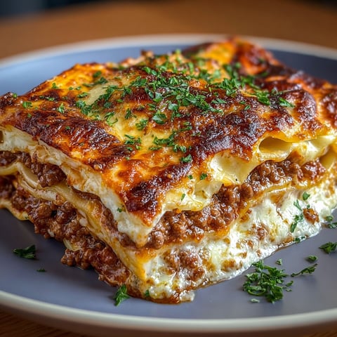 Un plat de lasagnes bœuf ultra gratinées sur un plateau.