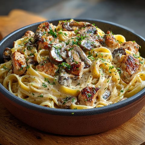 Une delicieuse préparation de tagliatelles crémeuses avec du poulet et des champignons, servie dans un bol en céramique.