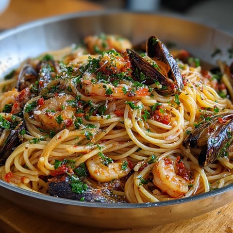 Spaghetti fruits de mer pimentés, une recette savoureuse et colorée, est servie dans un bol en argent.