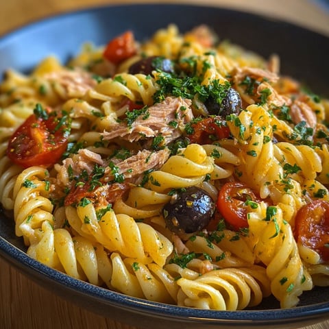 Un plat de fusilli au thon, olives et tomates, servit sur une table de bois.