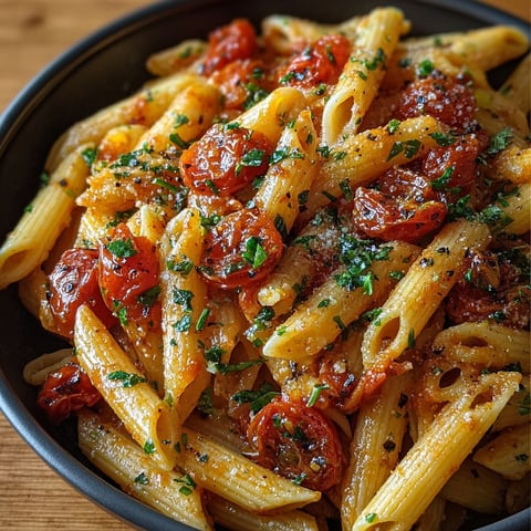 Une assiette de penne crémeuses tomates et herbes, servie sur une table de bois.