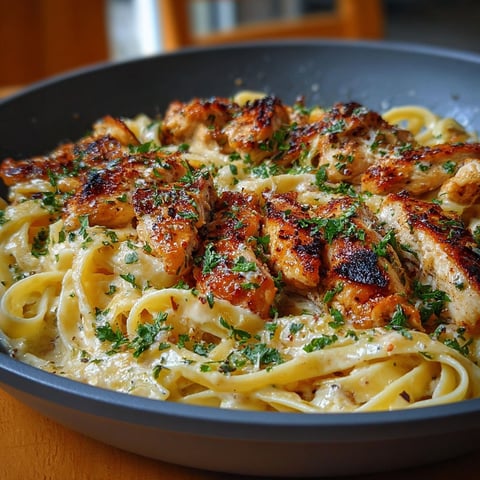 Une assiette de fettuccine crémeuses au poulet grillé, avec des herbes et des légumes, est servie sur une table.