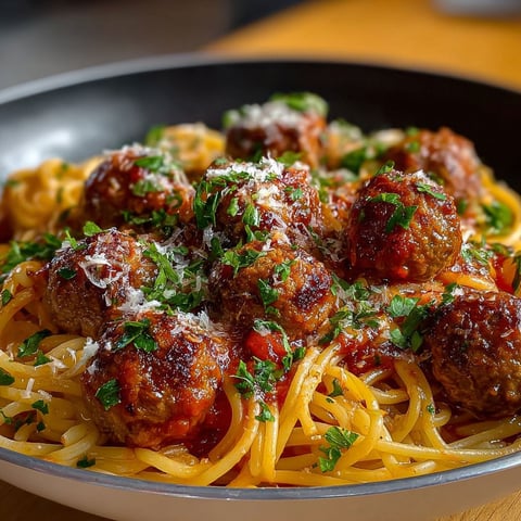 Une plate de spaghetti boulettes sauce tomate.