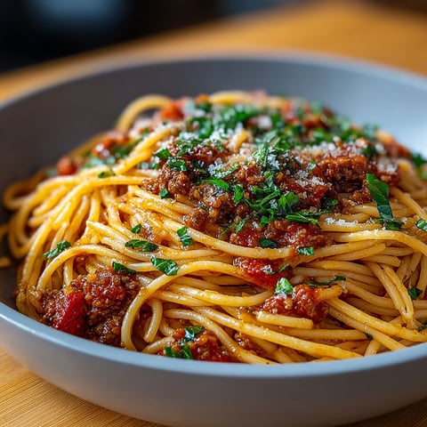Une tasse de spaghetti bolognaise express, avec des herbes et des tomates, est servie sur une table.