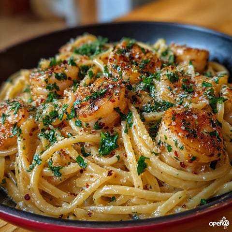 Une assiette de linguine crémeuses aux crevettes épicées, avec des herbes fraîches et des épices pour une saveur délicieuse.