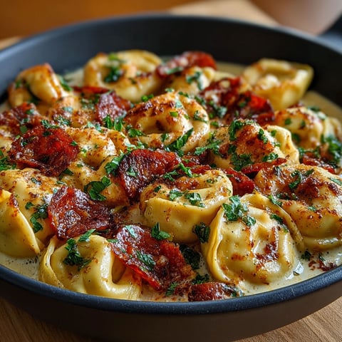 Un plat de tortellini crémeux au chorizo, avec des herbes et des tomates, est servie sur une table de bois.