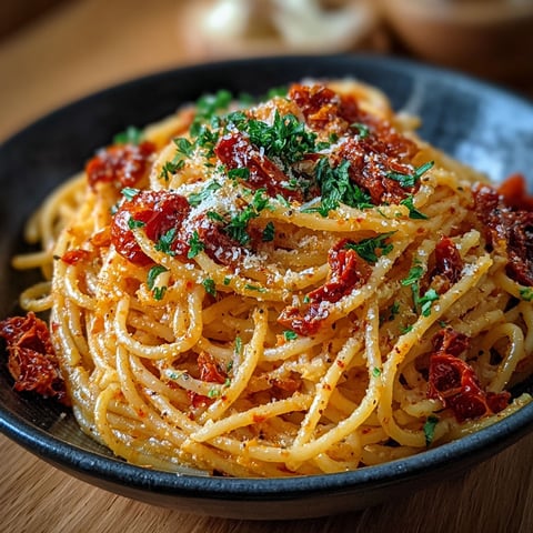 Un plat de spaghetti crémeux aux tomates séchées et parmesan, avec des herbes fraîches ajoutées pour une touche supplémentaire de saveur.