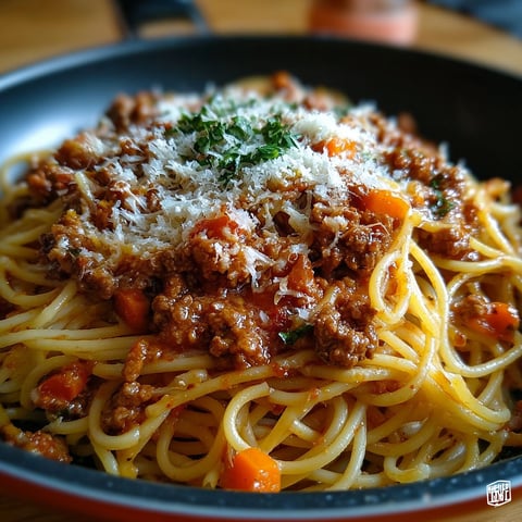 Une delicious plate of spaghetti bolognaise maison.