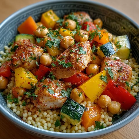 Une assiette de couscous au poulet, pois chiches et légumes rôtis.