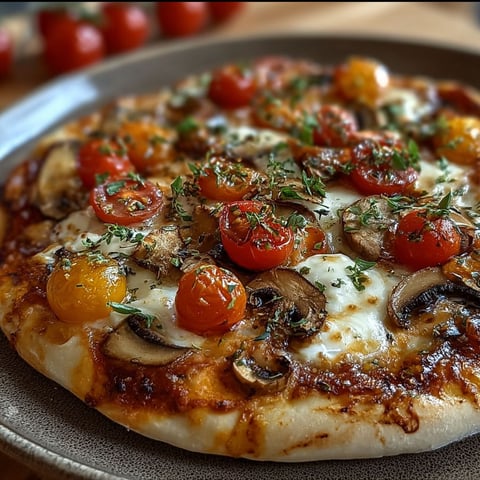 Une pizza maison avec des tomates cerises, champignons et mozzarella.