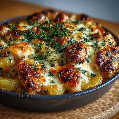 Une recette de gratin de poulet, pommes de terre et mozzarella, servie dans un plat en grès.