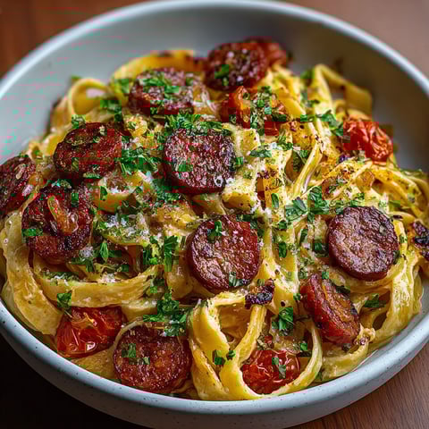 Une tasse de tagliatelles au chorizo et crème, avec des tomates et des épinards, est servie sur une table.