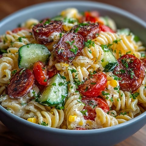 Une salade de pâtes crémeuse au chorizo et maïs est servie dans un bol sur une table.