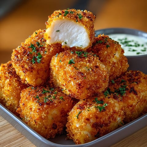 Une pile de bouchées de poulet panées et sauce yaourt sur un plateau.