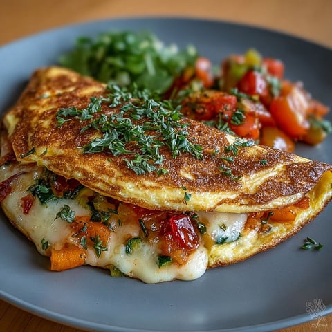 Une omelette farcie fondante aux légumes et mozzarella, accompagnée de légumes verts et tomates, est servie sur un plateau.