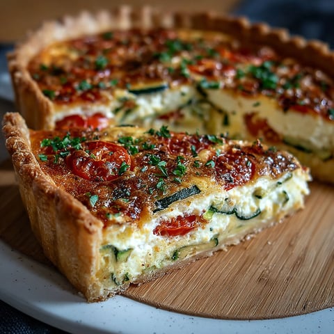 Une quiche aux courgettes, tomates et ricotta sur une planche de bois.