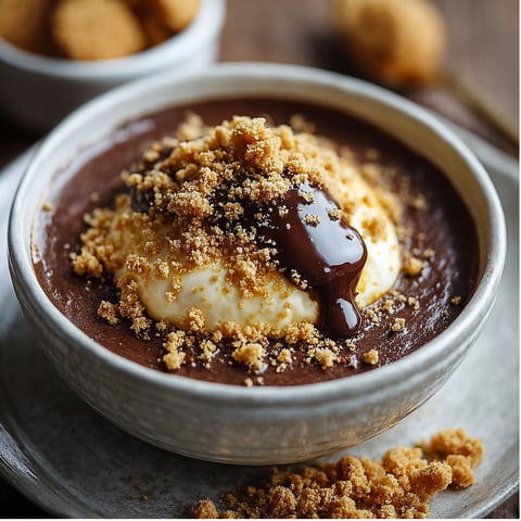 Une crème dessert chocolat avec des biscuits crumble sur le dessus.