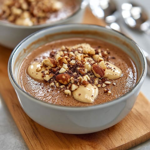 Une crème chocolat avec des noisettes croquantes sur un plateau de bois.
