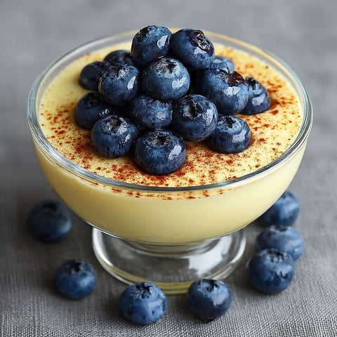 Une assiette de crème dessert vanille aux myrtilles et cannelle, avec des myrtilles sur le dessus.