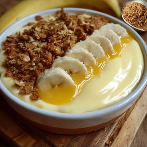 Une crème dessert banane et vanille au granola est servie dans un bol sur une table.