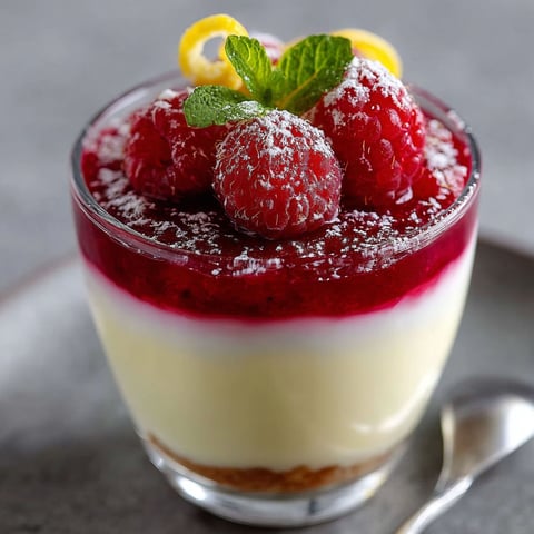 Une tarte aux framboises et citron en verrine, garnie de framboises fraîches et de menthe.