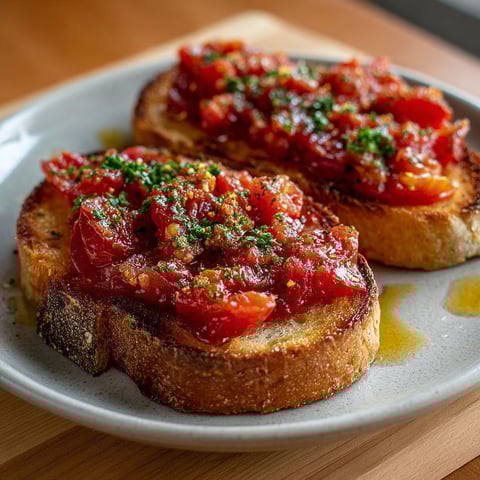 Une pâte de tomate est déposée sur des tranches de pain grillé, formant une version espagnole de la pâte de tomate.