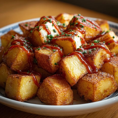 Une assiette de patatas bravas, un plat de frites maison avec une sauce tomate et des herbes, sertie sur une table de bois.