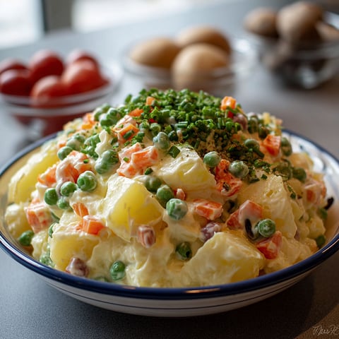 Une salade espagnole tapas composée de légumes et de pommes de terre, servie dans un bol bleu et blanc.