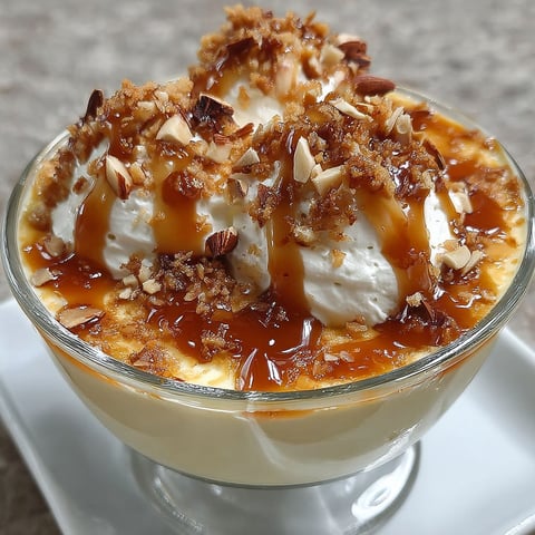 Une crème dessert vanille, caramel et amandes croquantes est servie dans un verre.