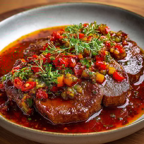 Langue de boeuf en sauce tomate et épices, accompagnée de légumes frais.