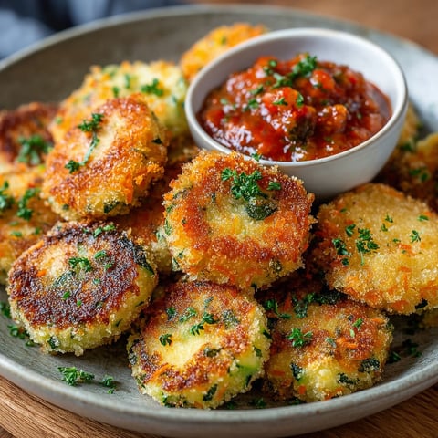Une assiette de Nuggets de Légumes, avec des légumes frits et une sauce tomate.