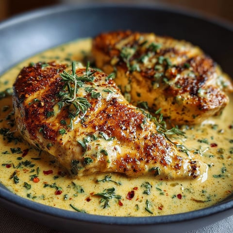 Un poulet grillé avec une sauce à la moutarde et à la crème, servie dans un bol.