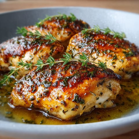 Chicken breasts with a sauce of honey and thyme, served on a wooden table.