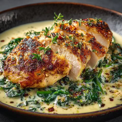 Une poitrine de poulet grillée avec des épinards et une crème à l'ail.